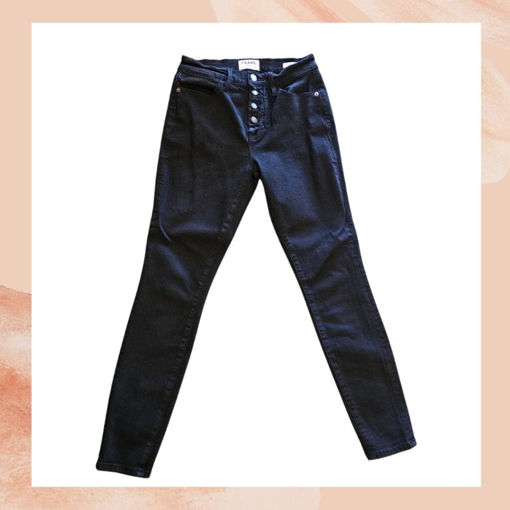 FRAME Denim Black Le High Distressed Fly Skinny Ankle Jeans